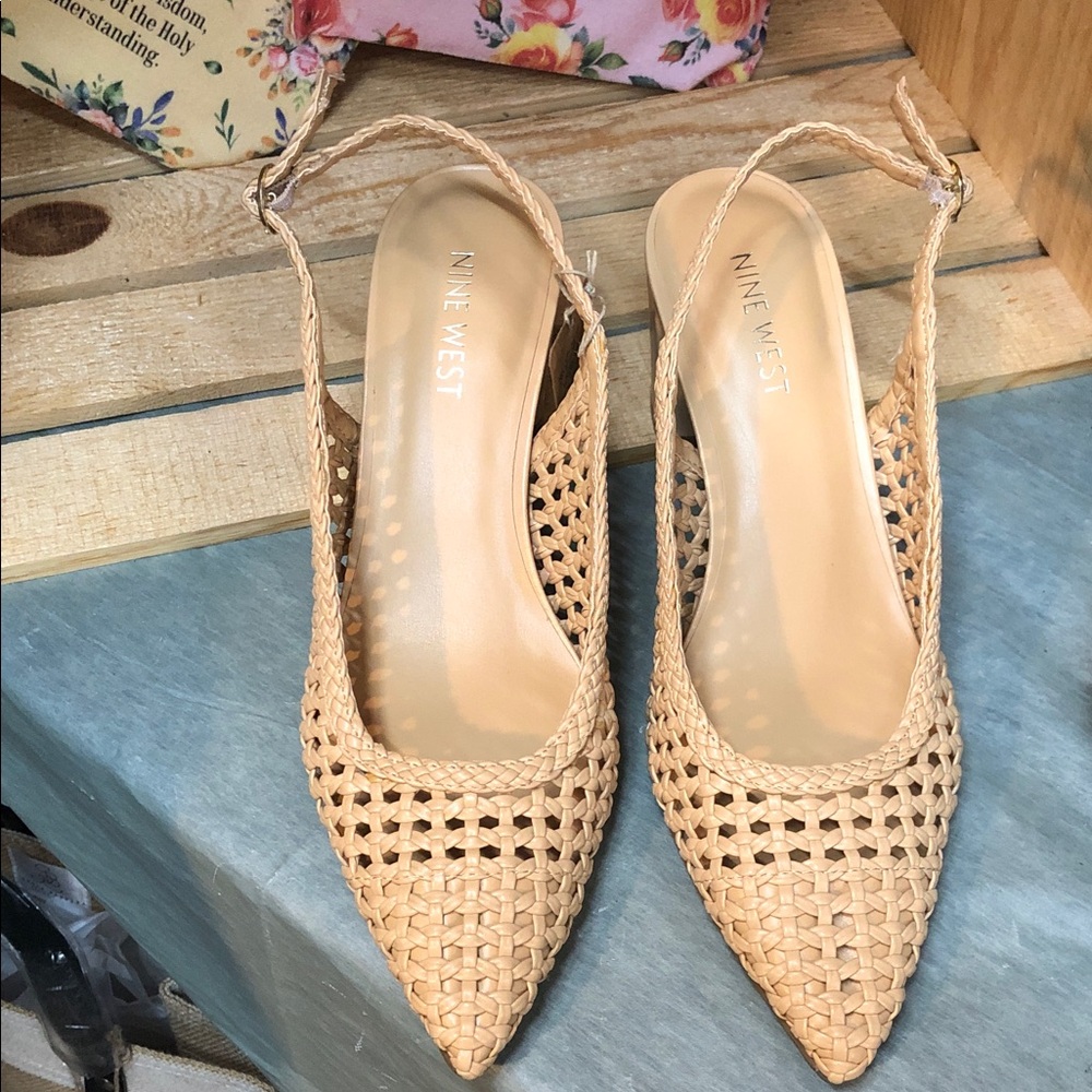 Nine West Woven Slingback Pointed-Toe Heels in Tan